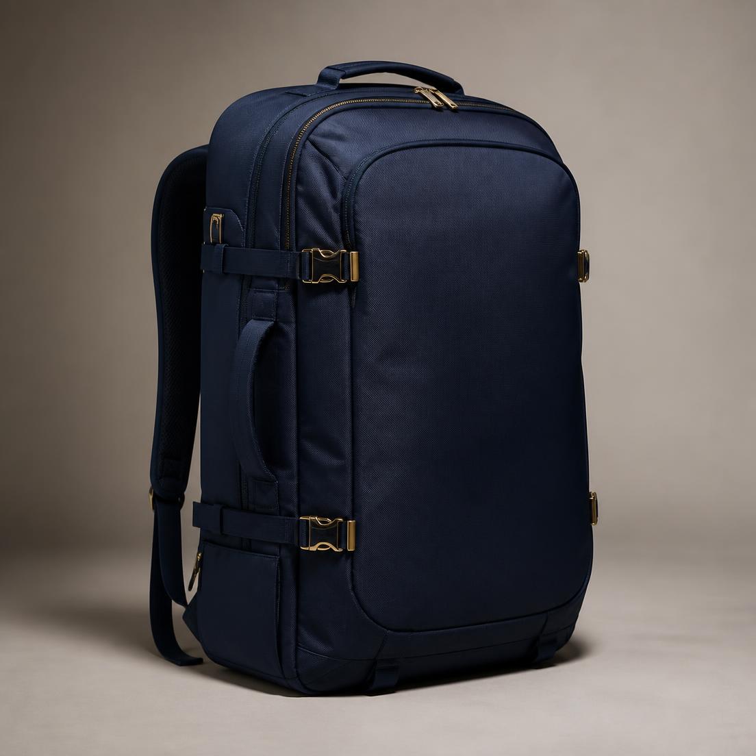JMB 65L Travel Backpack in navy with gold hardware